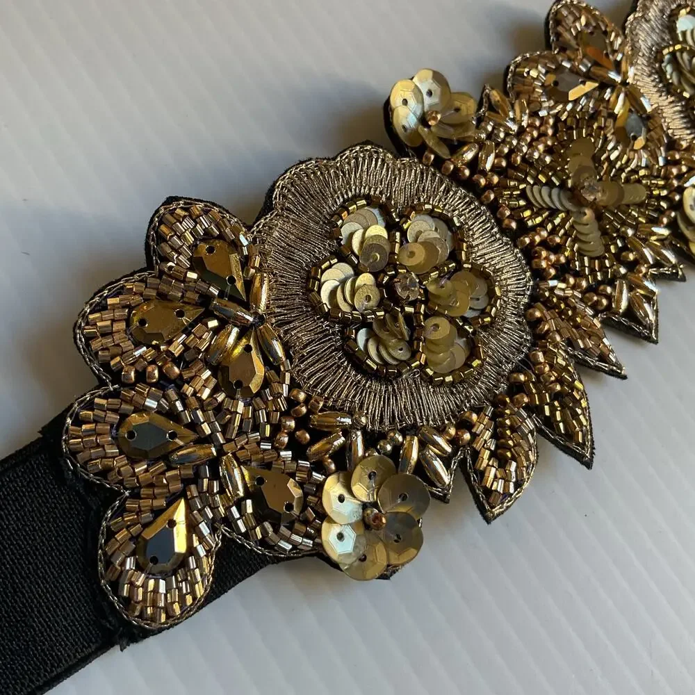 Gold Beaded Floral Belt  Elastic Waistband Sequin NWT Embroidered Boho Festival